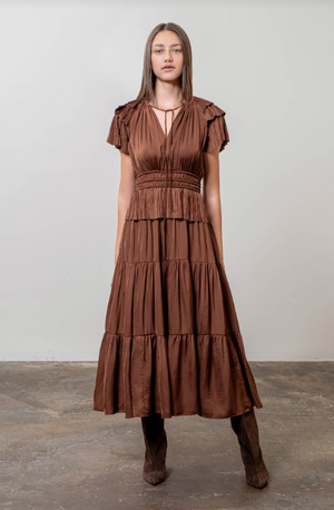 Moon River Chocolate Pleated Tiered Midi Dress