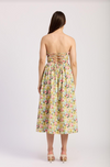 Pink and Yellow Strapless Lattice Back Midi Dress