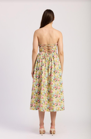 Pink and Yellow Strapless Lattice Back Midi Dress
