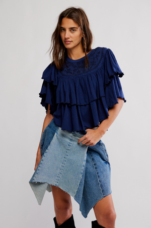 Free People Navy Rose Party Ruffle Tee