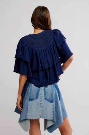 Free People Navy Rose Party Ruffle Tee