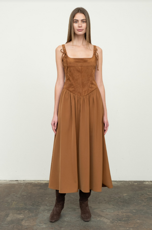 Moon River Camel Suede Mix Corset Midi Dress
