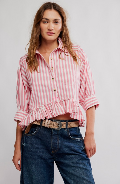 Free People Bailey Stripe Shirt in Coral Combo