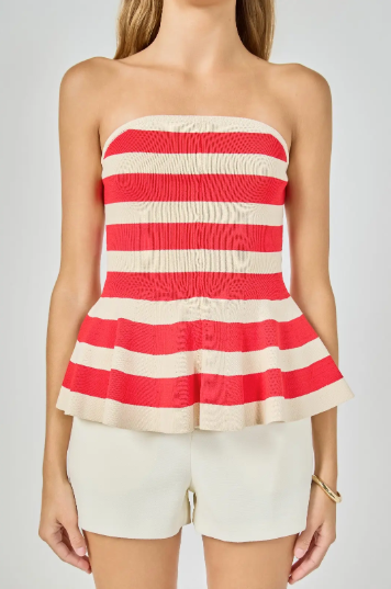 Endless Rose | Red Striped Strapless Knit Top