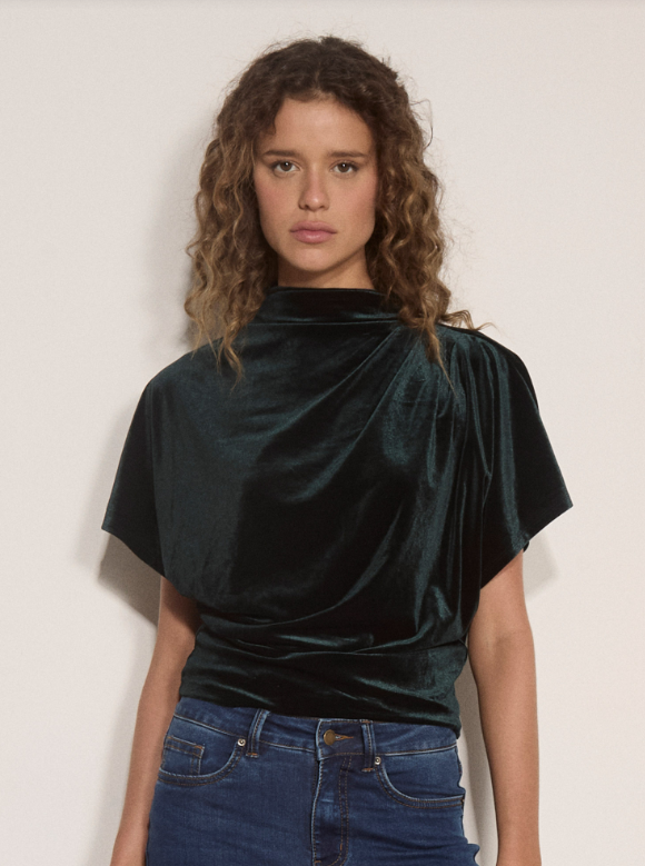 Green Velvet High-Neck Cowl + Pleated Top