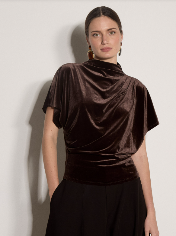 Brown Velvet High-Neck Cowl + Pleated Top