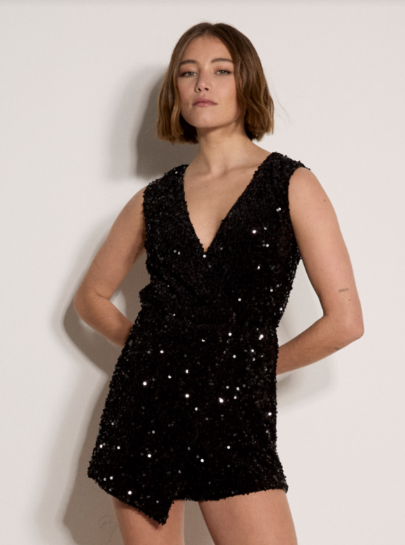 Black Velvet Sequin Wrap Romper