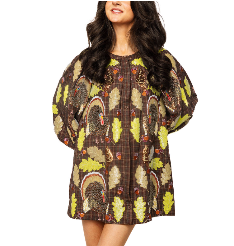 Queen of Sparkles | Brown Plaid Turkey + Leaves Buttondown Dress