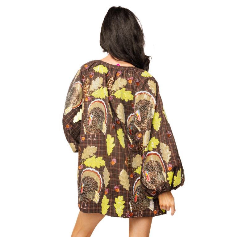 Queen of Sparkles | Brown Plaid Turkey + Leaves Buttondown Dress
