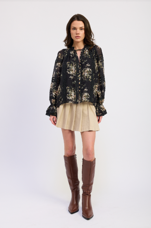 En Saison | Navy Floral Button Front Trim Detail Peasant Top