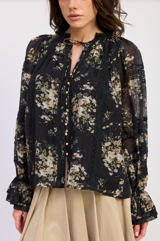 En Saison | Navy Floral Button Front Trim Detail Peasant Top