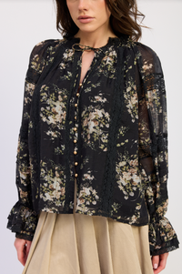 En Saison | Navy Floral Button Front Trim Detail Peasant Top