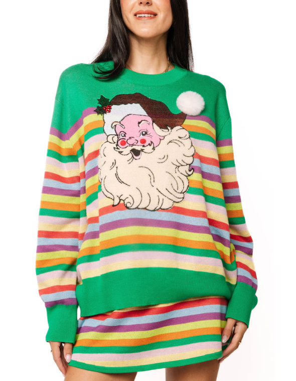 Queen of Sparkles | Green Rainbow Striped Santa Claus Sweater