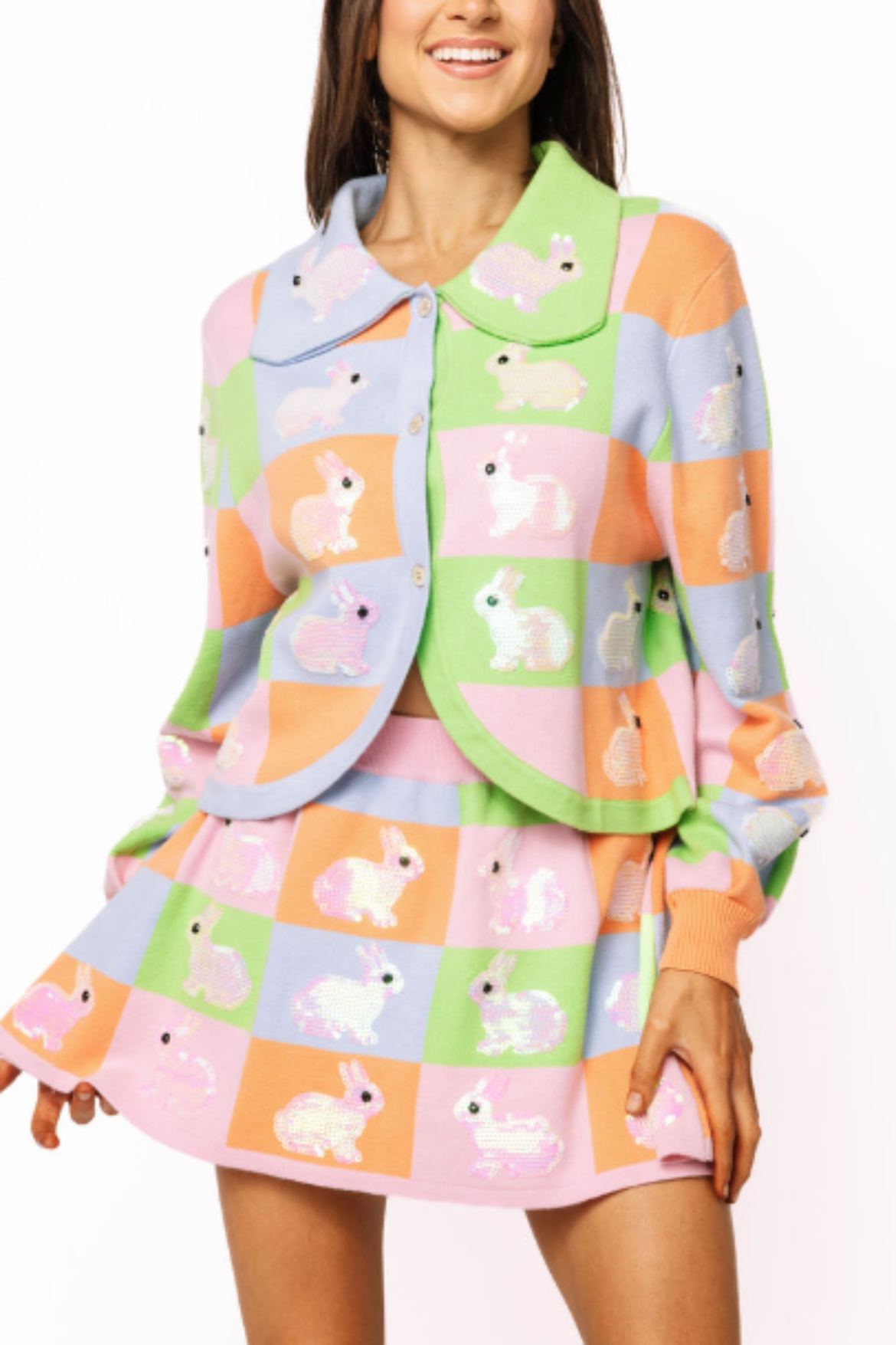 Queen of Sparkles Colorblock Easter Bunny Collared Cardigan (1 SMALL)