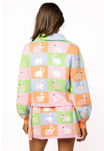 Queen of Sparkles Colorblock Easter Bunny Collared Cardigan (1 SMALL)
