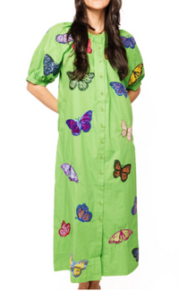 Queen of Sparkles Green Butterfly Button-Up Cotton Maxi