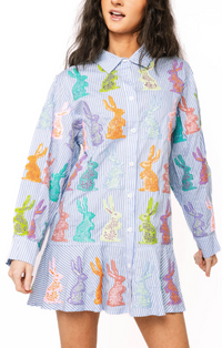 Queen of Sparkles Blue/White Striped Easter Bunny Button-Up Cotton Dress