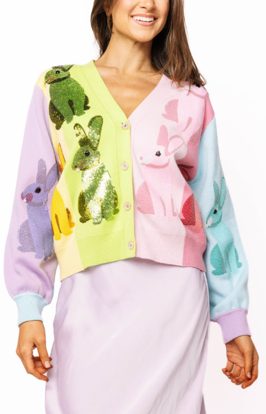 Queen of Sparkles Rainbow Colorblock Easter Bunny Cardigan