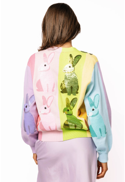 Queen of Sparkles Rainbow Colorblock Easter Bunny Cardigan