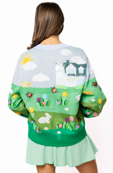 Queen of Sparkles Easter Bunny + Egg Yard Scene Cardigan