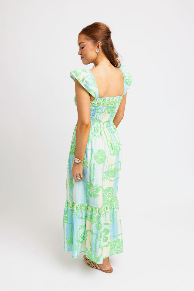 Karlie | Green Sea Shell Poplin Smock Maxi Dress