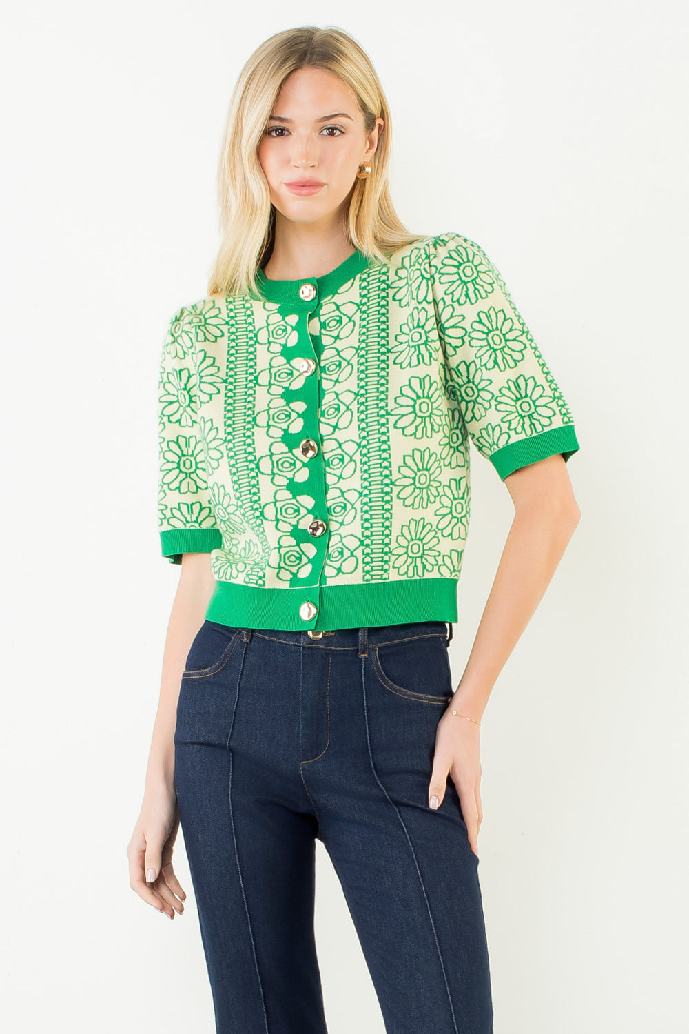 THML Green Floral Buttondown Top/Cardigan (1 XL)