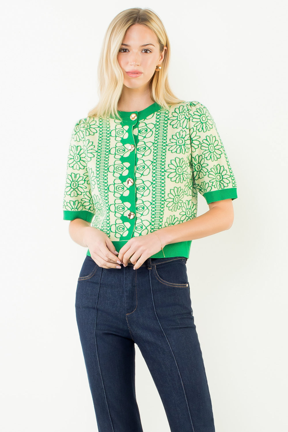 THML Green Floral Buttondown Top/Cardigan (1 XL)