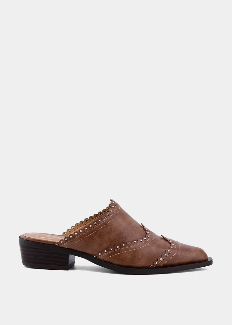 ShuShop | Tucson  Camel  Pointed + Studded Mule