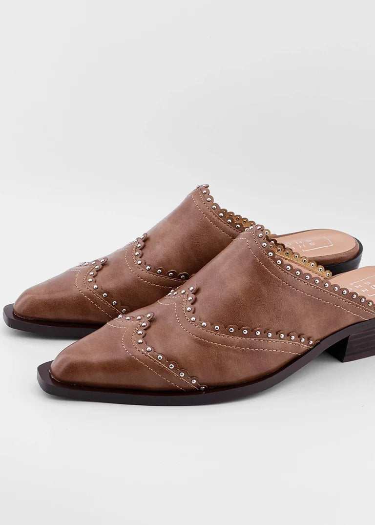 ShuShop | Tucson  Camel  Pointed + Studded Mule