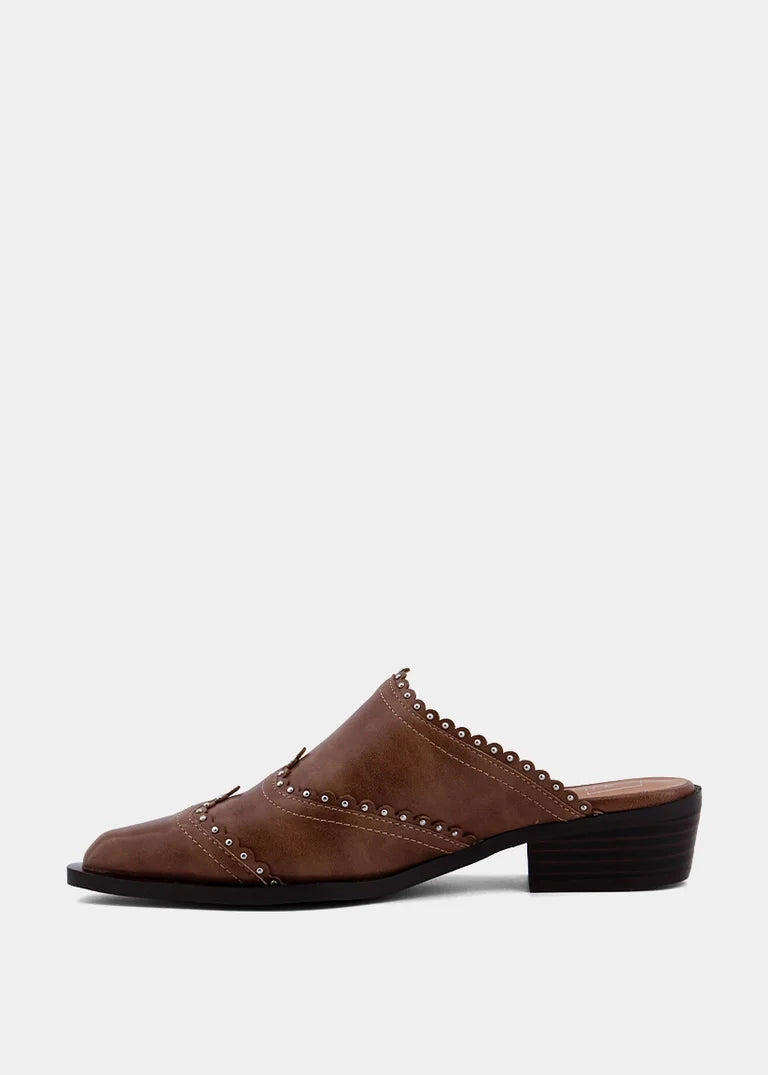ShuShop | Tucson  Camel  Pointed + Studded Mule