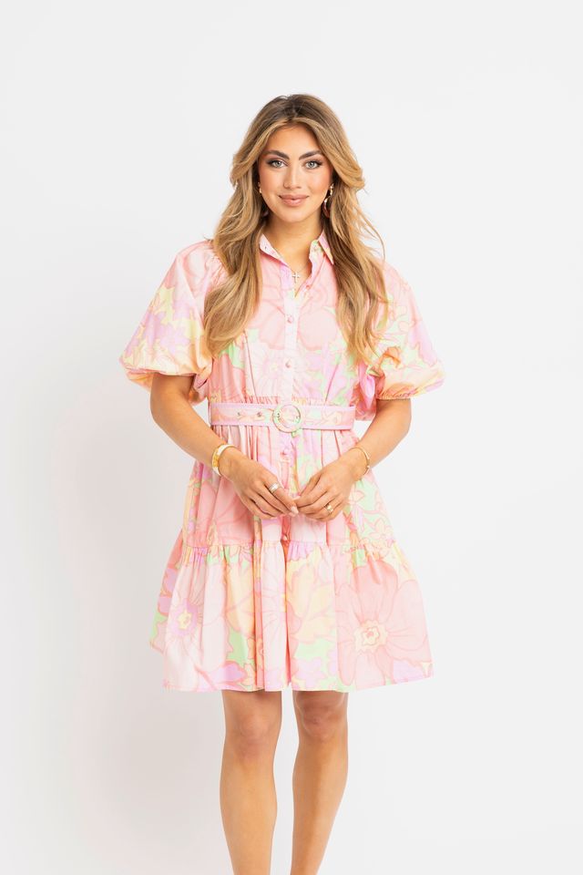 Karlie | Lime Big Floral Pastel Dress w/ Belt