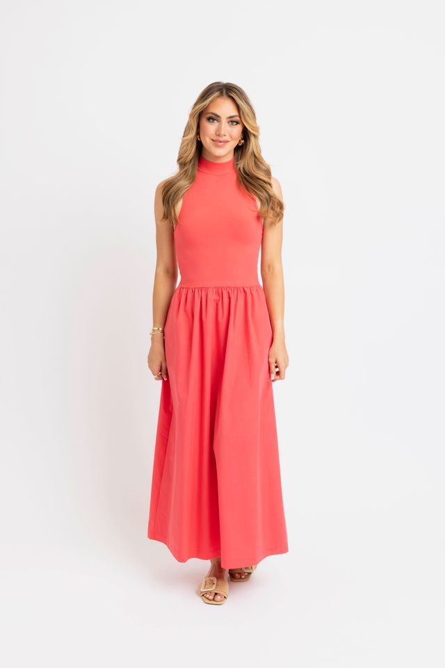 Karlie | Coral Solid Mock Maxi Dress (1 LARGE)