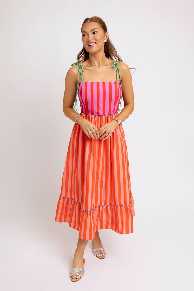 Karlie | Fuschia Stripe Color Block Tie Shoulder Maxi Dress