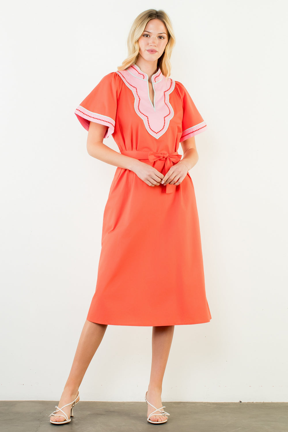 thml orange dress THML Pink and Orange Stripe Midi Dress, S / Pink and Orange