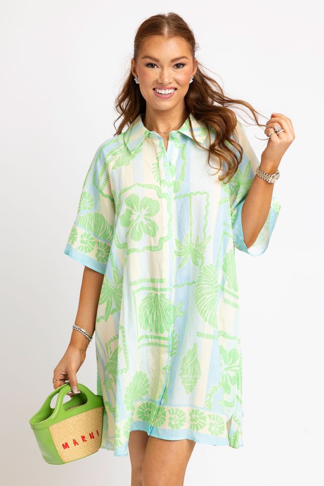Karlie | Green Sea Shell Stripe Shirt Dress