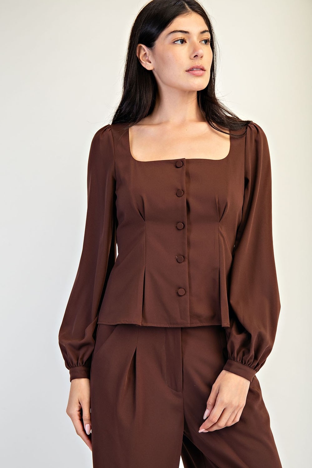 Brown Square Neck Buttondown w/ Pleats