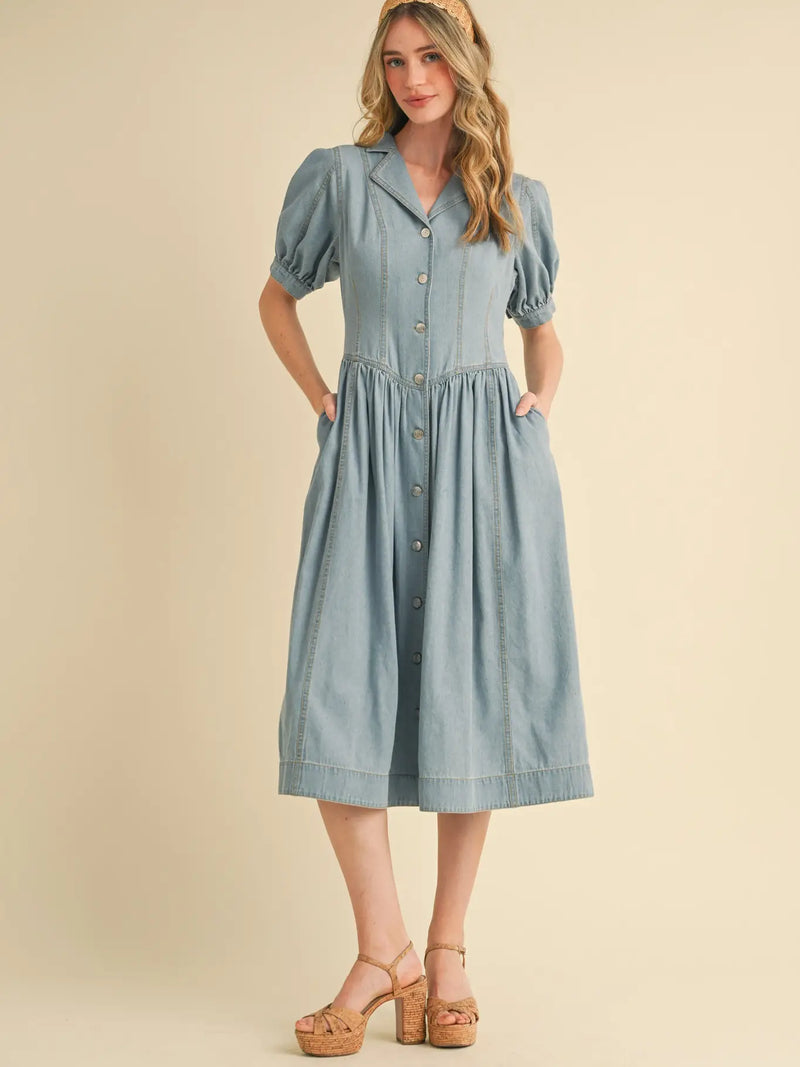 Denim Puff Sleeve Button Down Midi Dress