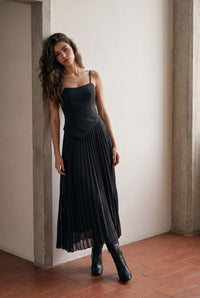 Black Heavy Woven + Chiffon Mixed Asymmetical Maxi