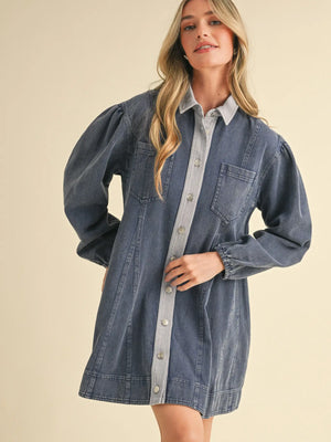 Washed Indigo Denim Button Down Mini Dress (1 MEDIUM)