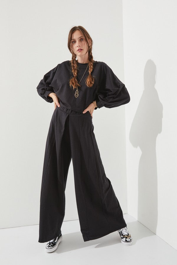 Black Terry Batwing and Wide Leg Pants Set