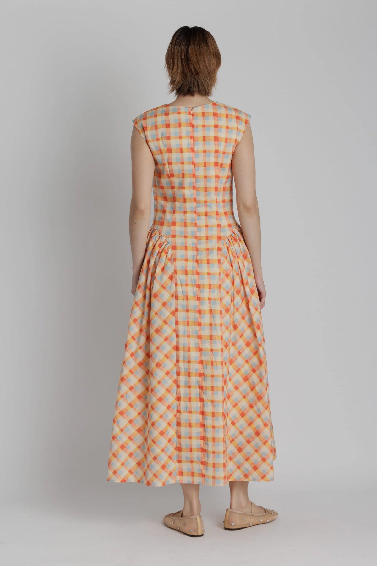 Plaid Basque Waist Midi Dress