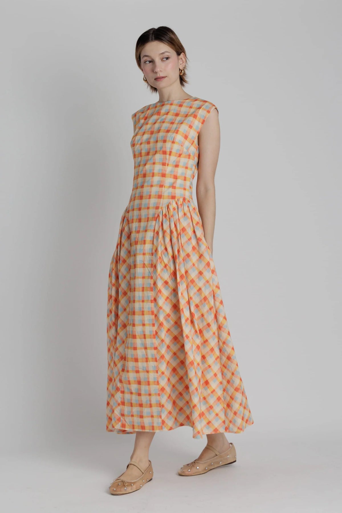 Plaid Basque Waist Midi Dress