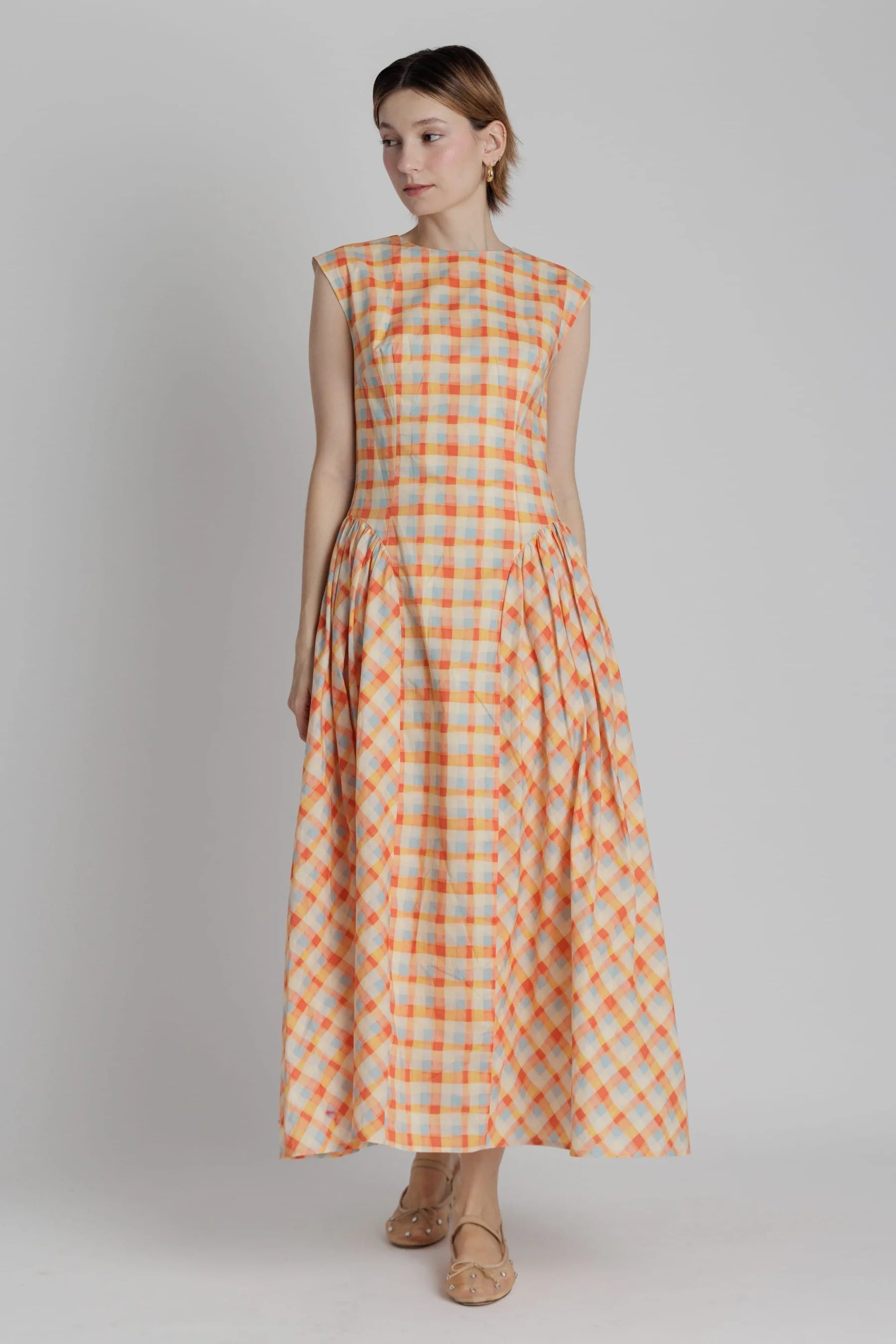 Plaid Basque Waist Midi Dress