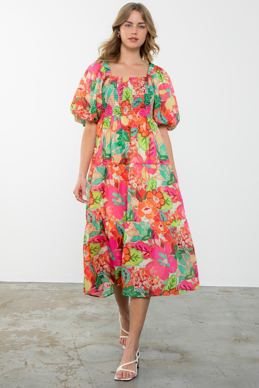 THML Floral Print Puff Sleeve Midi Dress (MEDIUM)