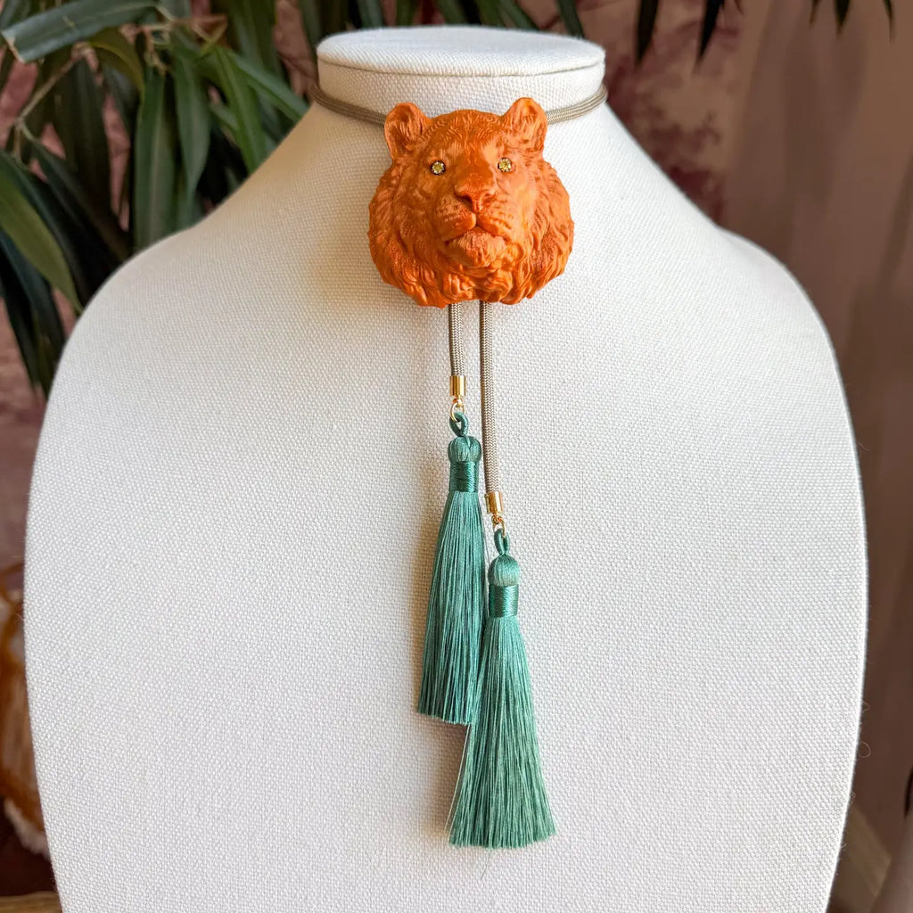 Tiger Bolo with Steel Gray and Peacock Blue Tassel