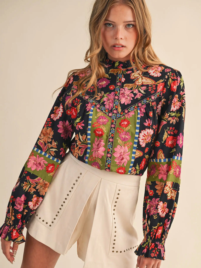 Floral border Trim Long Sleeve Top