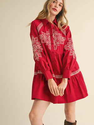 Embroidered RubyRed Mini Dress (1 MEDIUM)