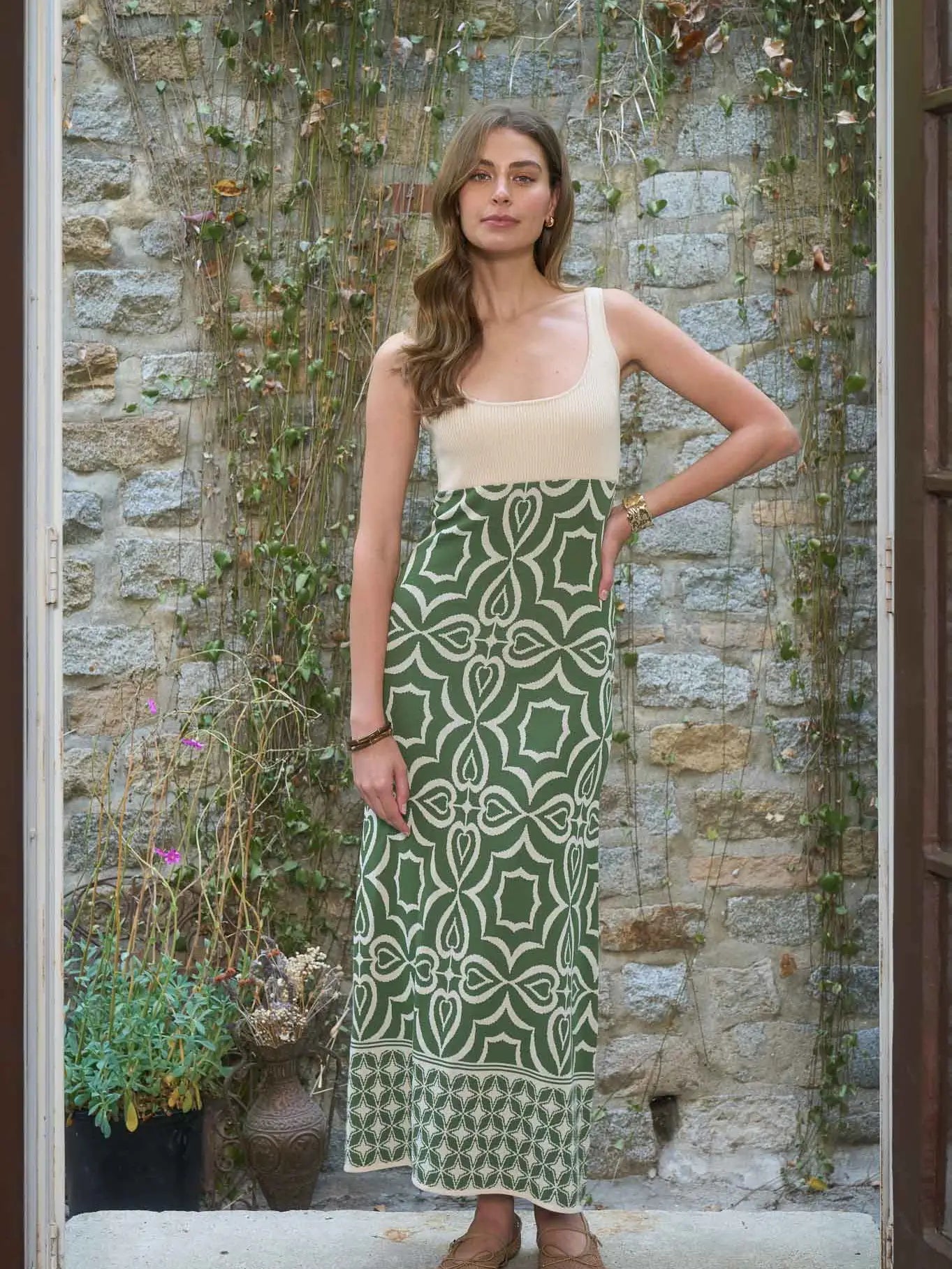 Moon River | Green Geo Print Square Neck Fitted Midi