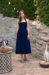 Moon River | Navy Halter Neck Basque Midi Dress