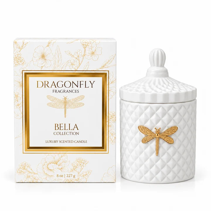 Dragonfly | Bella Matte White + Gold Candle | White Pear + Bamboo